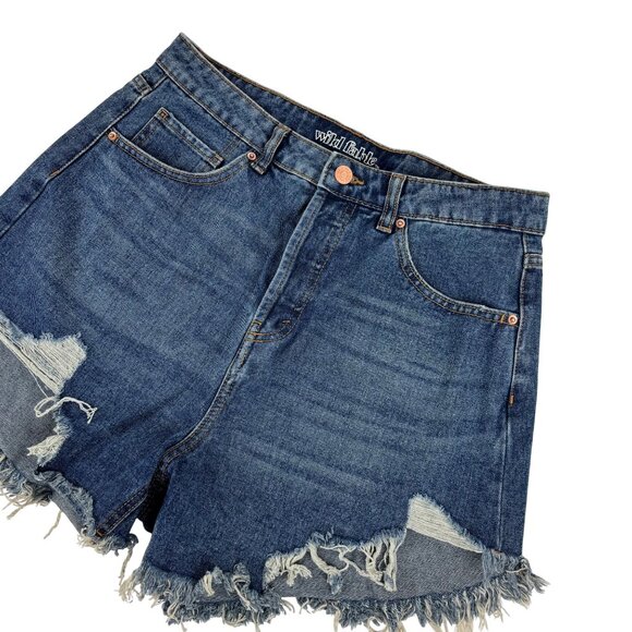 Wild Fable Denim Shorts Womens Size 10 High Rise Distressed Angled Hem - Picture 3 of 11